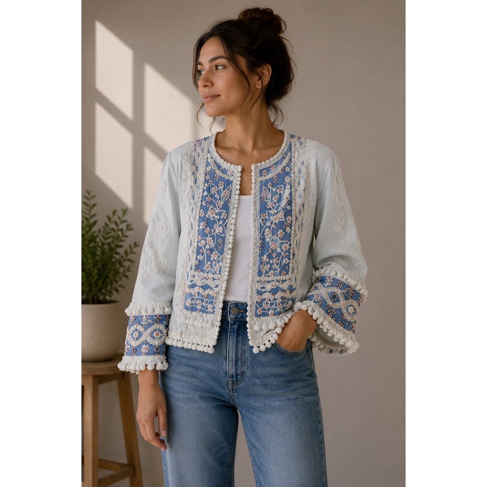 Indigo Moon Embroidered Jacket‎ Blue Floral Fringe Pom Pom Beaded XS |O1